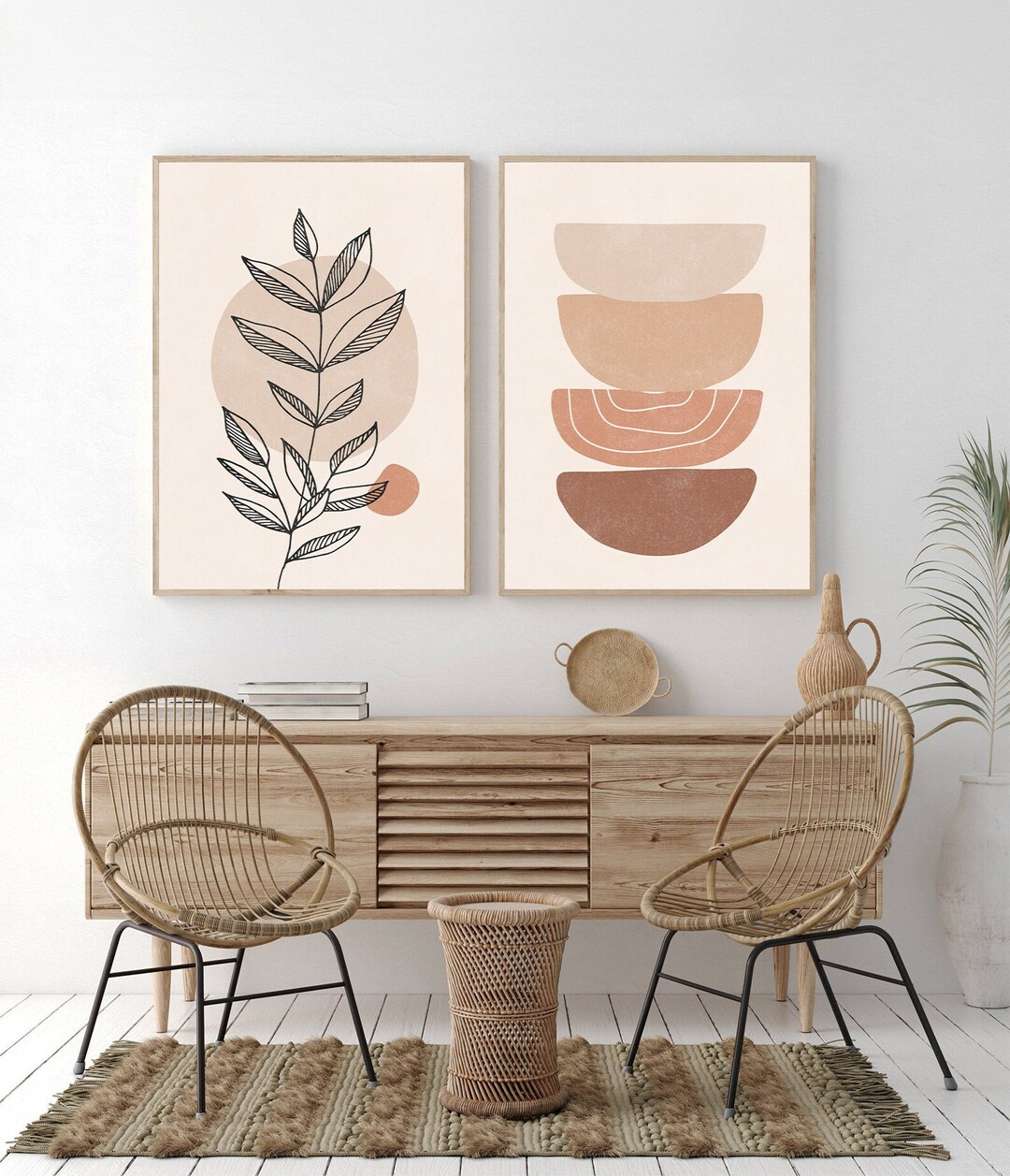 Boho Art Set of 2 Prints, Minimal Botanical Print Bundle Abstract ...