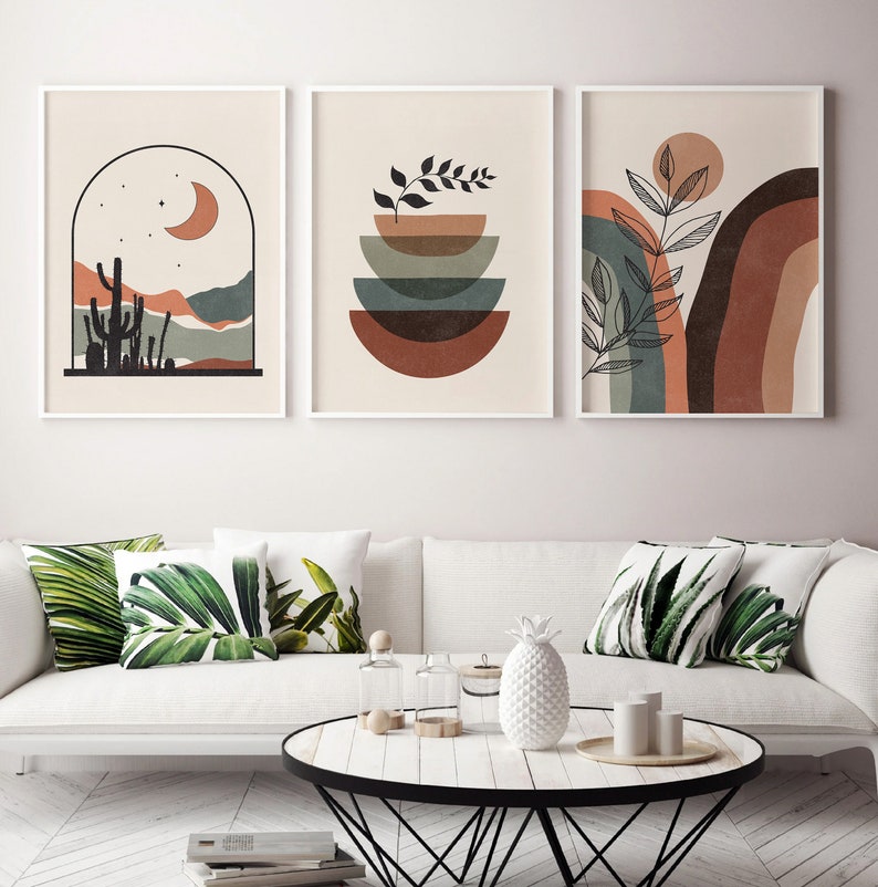 Mid Century Modern Wall Art Print Set of 3, Boho Wall Decor, Abstract ...