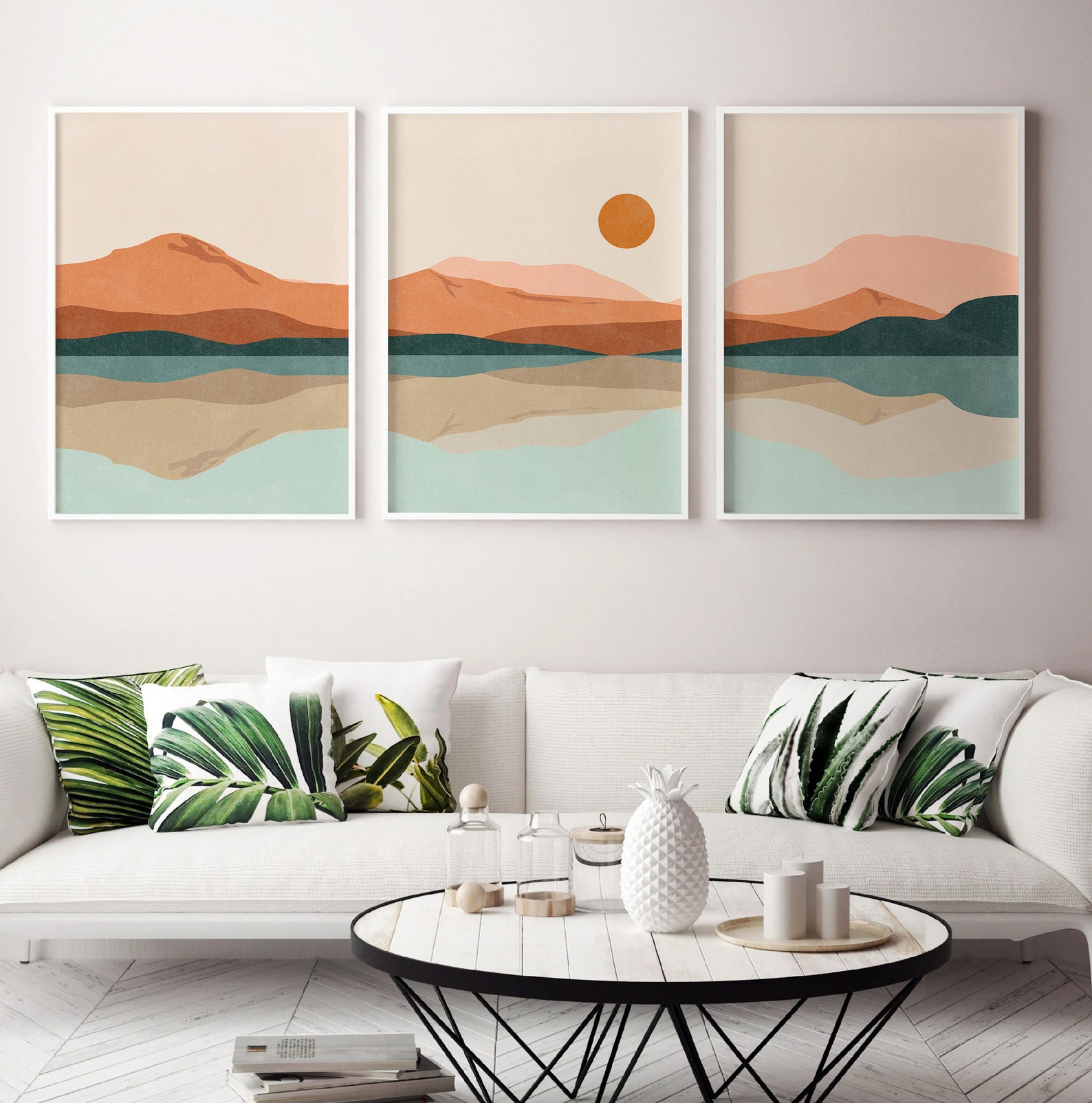Abstract Mountain Print Set of 3, Mid Century Modern Blue Orange ...