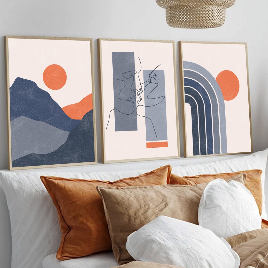 Set of 3 Boho Wall Art, Boho Navy Blue Wall Prints, Abstract Wall Print