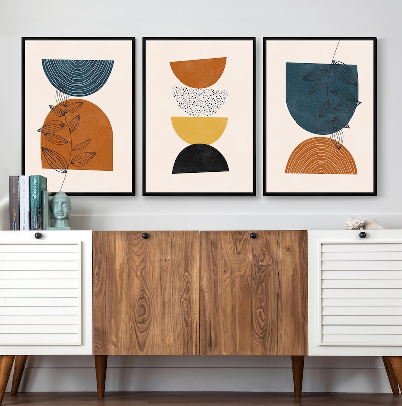 Mid Century Modern Geometric Print Set of 3, Boho Digital Abstract Wall ...