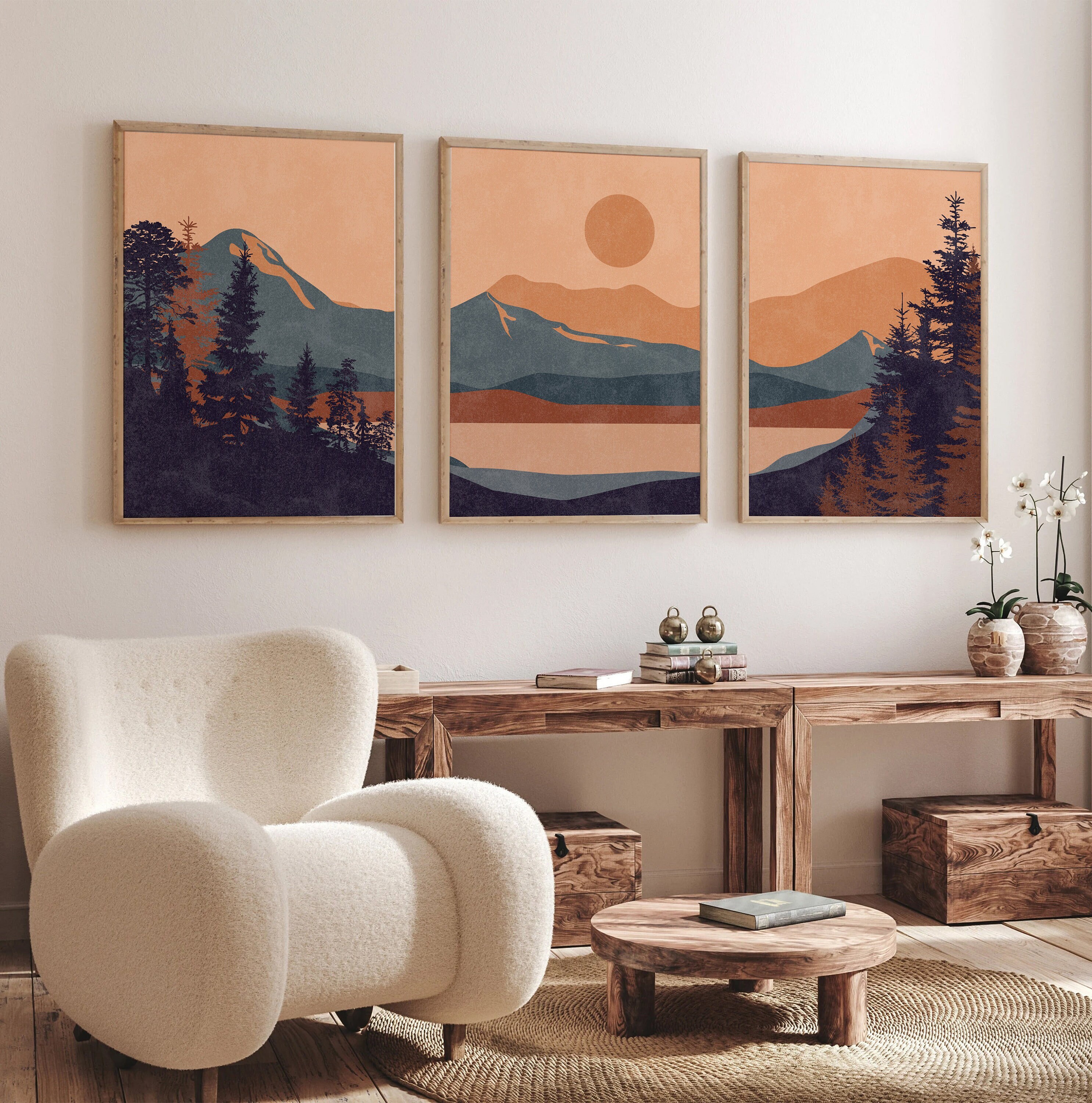 Mountain Print Set of 3, Terracotta Mid Century Landscape Wall Art ...