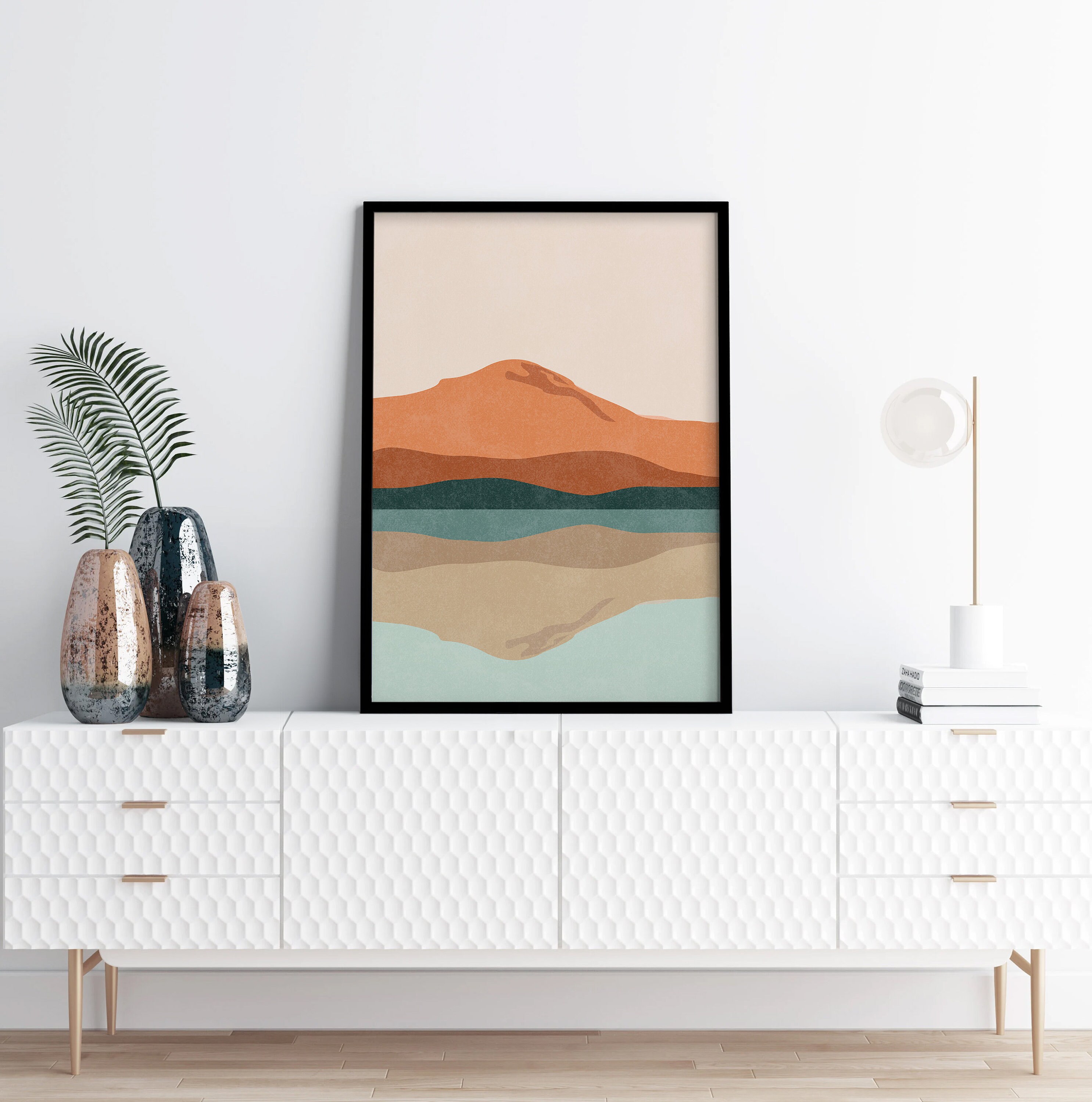 Abstract Mountain Print Set of 3, Mid Century Modern Blue Orange ...