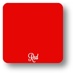 May include: A square, red coaster with rounded corners. The word "Red" is written in a cursive, white font in the lower right corner. The coaster is set against a white background with a subtle shadow.