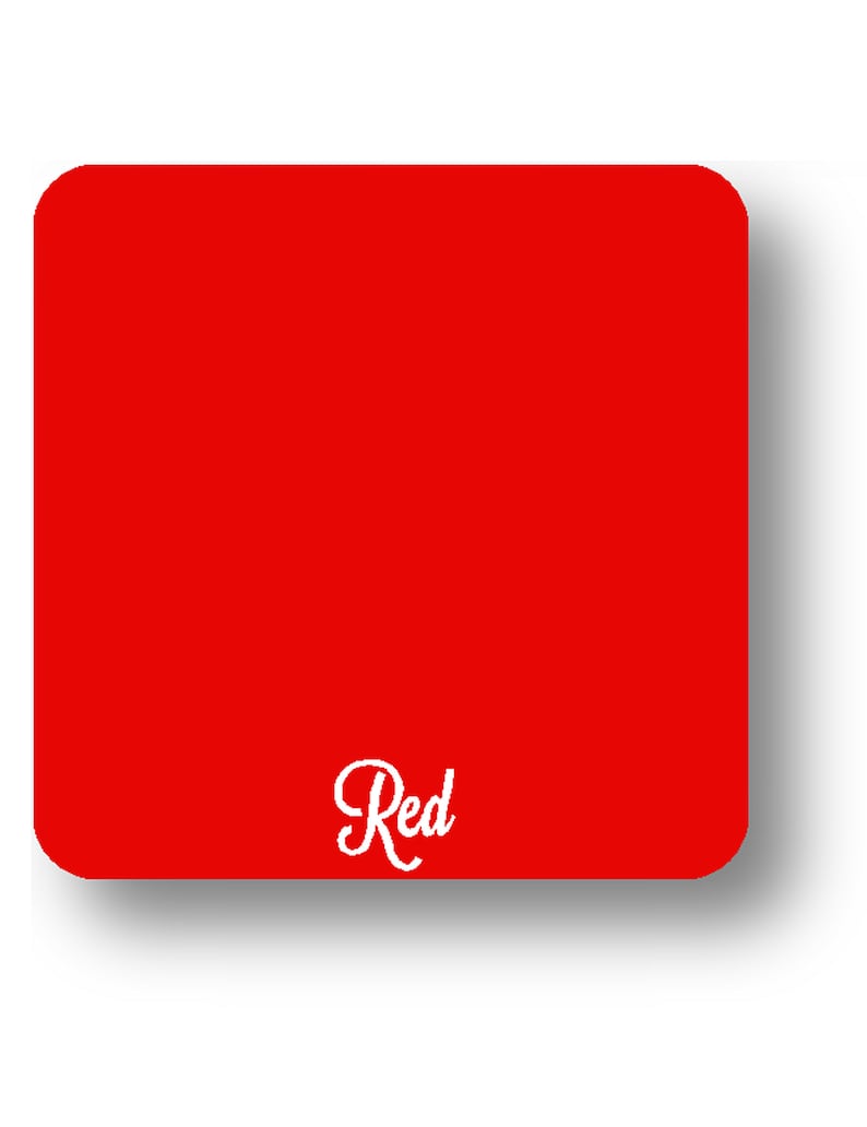 May include: A square, red coaster with rounded corners. The word "Red" is written in a cursive, white font in the lower right corner. The coaster is set against a white background with a subtle shadow.