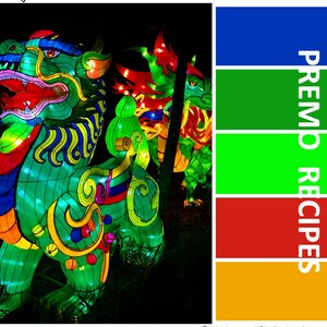 May include: A vibrant image showcases illuminated dragon sculptures in shades of green, red, and yellow. The dragons are intricately designed with detailed features. The image also includes a color palette with the text "PREMO RECIPES".