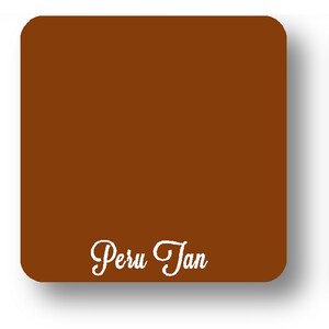 May include: A square, rounded-corner object in a solid Peru Tan colour. The words "Peru Tan" are written in a cursive font across the bottom of the object. The object is set against a white background.