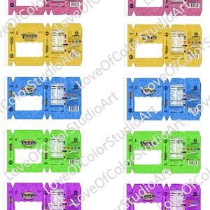 Puede incluir: Ocho plantillas de caja imprimibles para los caramelos de malvavisco Peeps. Las cajas son de color rosa, amarillo, azul, verde y morado con un conejito blanco y las palabras "Peeps" en la parte delantera. Las cajas están diseñadas para ser recortadas y dobladas.
