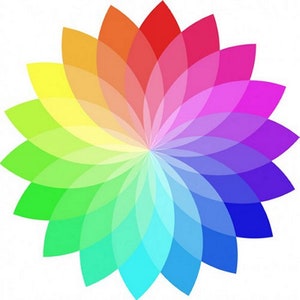 May include: An abstract floral design featuring a rainbow of colours. The petals transition from red to orange, yellow, green, blue, and purple. The image is set against a white background.