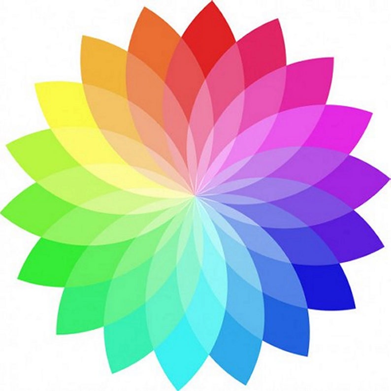 May include: An abstract floral design featuring a rainbow of colours. The petals transition from red to orange, yellow, green, blue, and purple. The image is set against a white background.