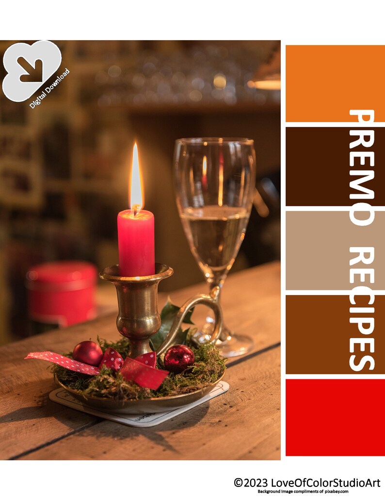 May include: A lit red candle in a brass holder with festive decorations, including red baubles and ribbon. A wine glass stands beside the candle. The image includes the text "PREMO RECIPES" and "Digital Download".