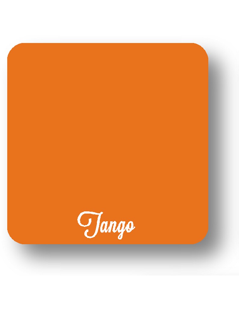 May include: An orange square coaster with rounded corners. The word "Tango" is written in white script in the lower right corner. The coaster is set against a white background with a subtle shadow.