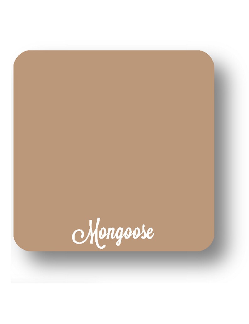 May include: A tan-coloured, square coaster with rounded corners. The word "Mongoose" is written in white cursive script near the bottom right. The coaster is designed to absorb moisture and protect surfaces from drink spills and condensation.
