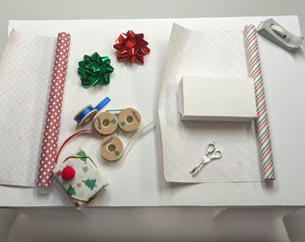 Wrapping Station 1 - 1:6 scale;  Wrap, Ribbon Spools, Bows, Scissors, Tape Dispenser