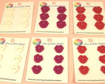 Lip Shaped Buttons, 3 colors, 2 sizes.  Sets of 6.