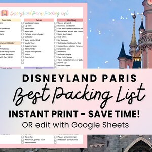 Packing list Disneyland Paris instant download Disneyland Paris checklist print printable Disneyland Paris list Google Sheets