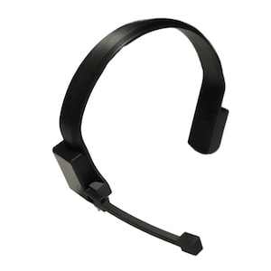 May include: A black headset with a flexible microphone boom. The headset has a padded headband and a comfortable earpiece.