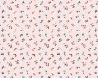 May include: A repeating pattern of small, watercolor-style flowers and berries in shades of pink, blue, and yellow on a pale pink background. The design includes small white polka dots, creating a delicate and feminine aesthetic.