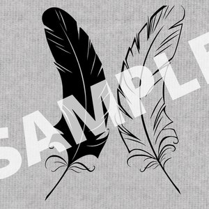 May include: Two black and white stylized feathers with intricate details. The feathers are facing each other and are partially overlapping.