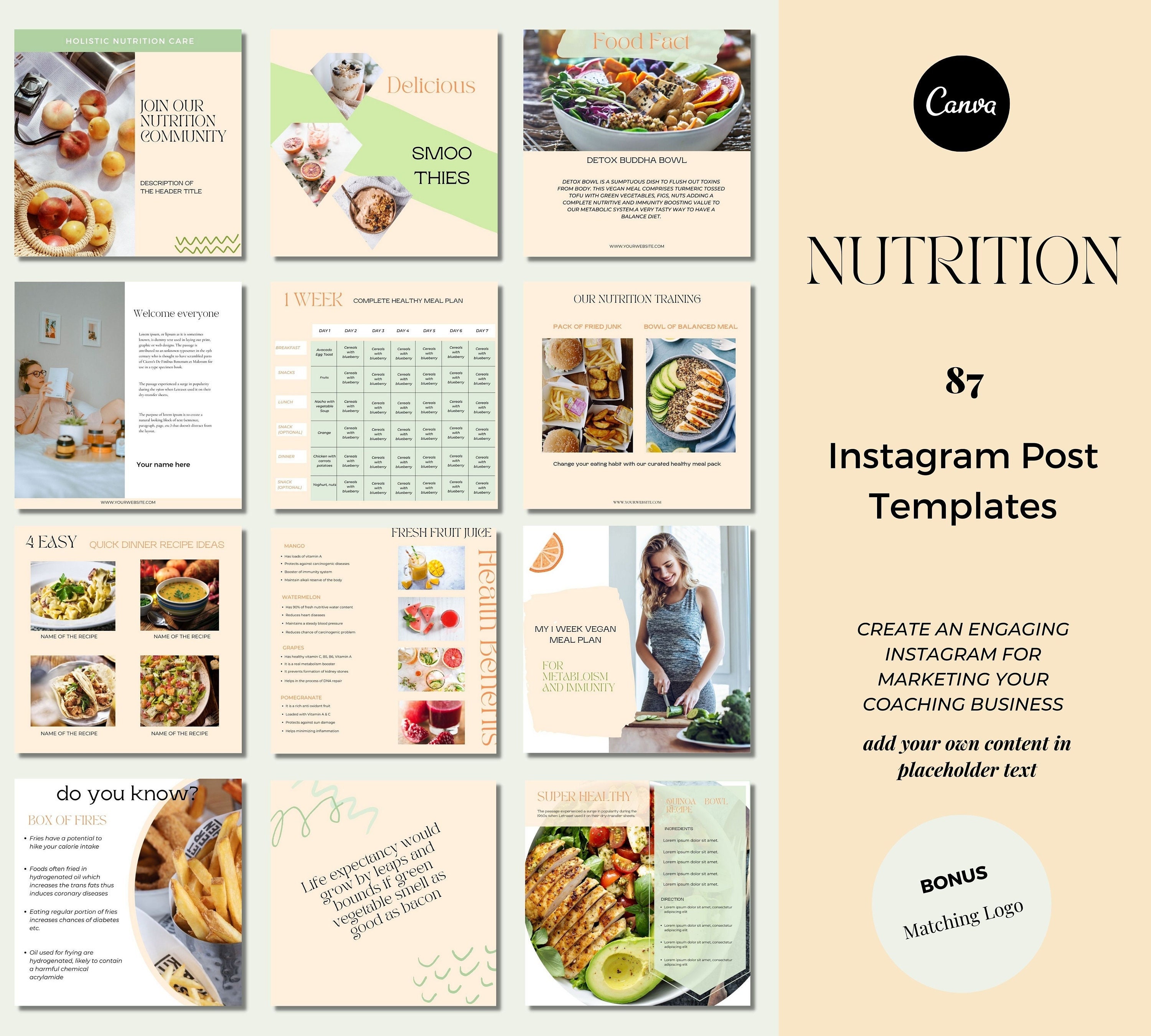 Nutrition Instagram Post Templates Canva. Nutrition Coaching Etsy