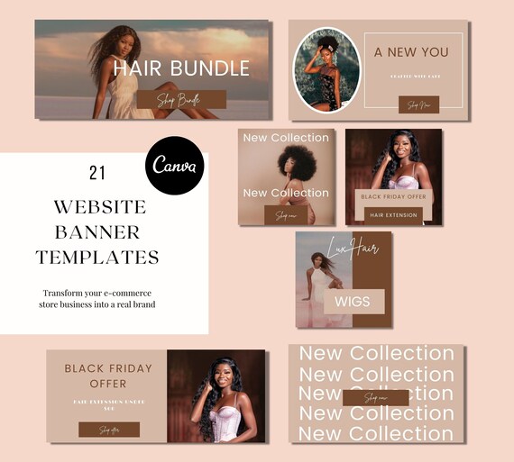 Hair site Banner Templates. Shopify  Banners Canva. Hair Etsy