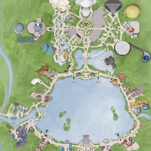 May include: Overhead map of a theme park with various pavilions, a large lake, and green spaces. The map features detailed illustrations of buildings, pathways, and water features, with a large geodesic sphere at the center.