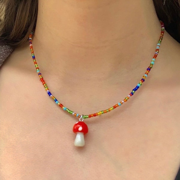 Beaded Mushroom Necklace (30+ COLORS!! | Indie Beaded Necklace | Cottagecore | Mushroom Necklace | Fairycore | Y2K )