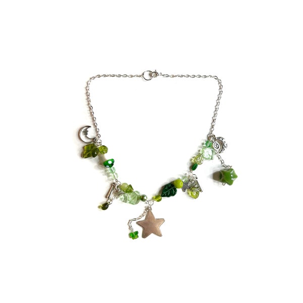Olive (Indie Beaded | Cottagecore | Chain beaded | Celestial jewlery | Green and silver | Earthy Necklace | Fairy Necklace)