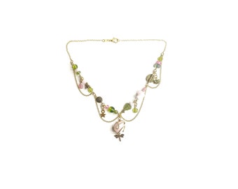 Eden (indie beaded | clutter necklace | gold | cottagecore | fairy necklace| Celestial | pink and green)