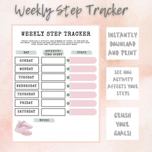 Puede incluir: Un rastreador semanal de pasos imprimible con un diseño rosa y blanco. El rastreador incluye secciones para cada día de la semana, actividad/tiempo dedicado y pasos. El texto incluye "Weekly Step Tracker", "Descarga e imprime al instante" y "¡Alcanza tus metas!"