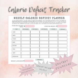 May include: A printable weekly calorie deficit planner with a pink and white design. The planner includes sections for daily calorie intake, protein, activity, steps, and weight. Text includes "Calorie Deficit Tracker" and "Instant Download."