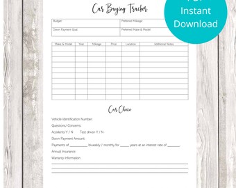 Car Buying Tracker - Budgeting - Car Planner - Car shopping - Car budget - Printable Car budget - Car buying printable