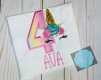 Unicorn Birthday Shirt, Kids Rainbow Unicorn birthday shirt, Embroidered shirt, Birthday shirt
