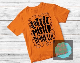 May include: Orange short-sleeved t-shirt with black text that reads "Little Mister Thankful" with a pumpkin and leaf design.