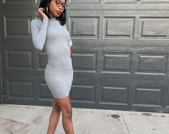 Gray long sleeve bodycon mini dress