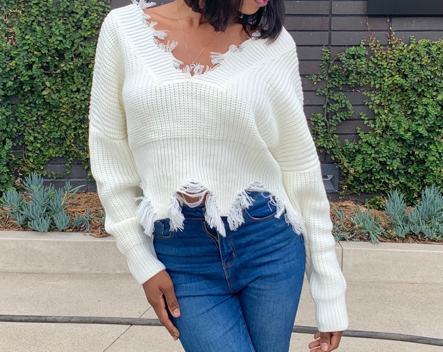 Distressed Cream Crop Sweater - Etsy 