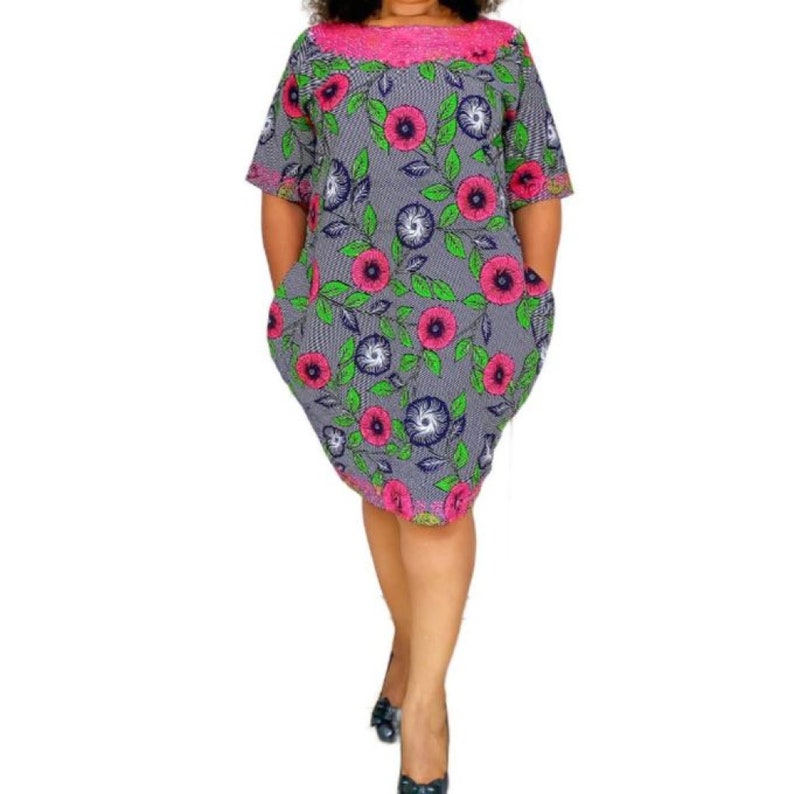 Women's Clothing, Ankara Wax, Midi-Dress, Embroidery On Sleeves and Hem,  New Design
