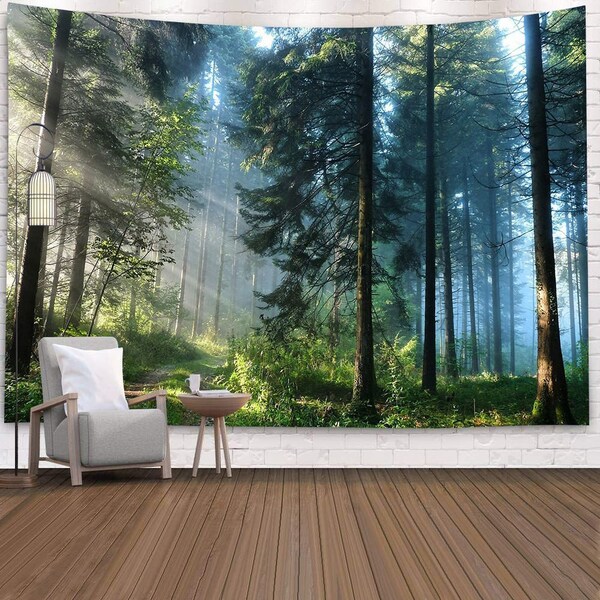 Nebliger Wald Tapisserie Wandbehang Sonnenschein durch Bäume Tapisserie Magische Natur Landschaft Tapisserie für Wohnkultur Wohnzimmer Schlafzimmer