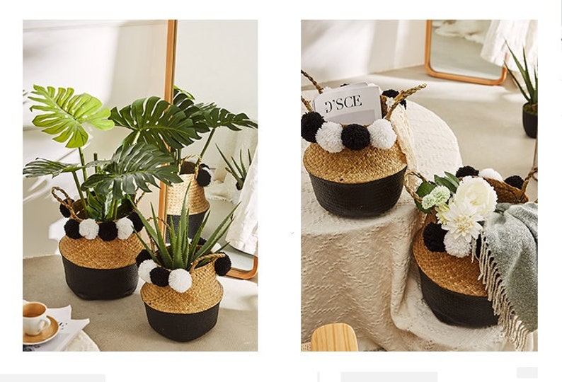 Seagrass Handmade Woven Basket With Black Paint and Cotton Etsy UK