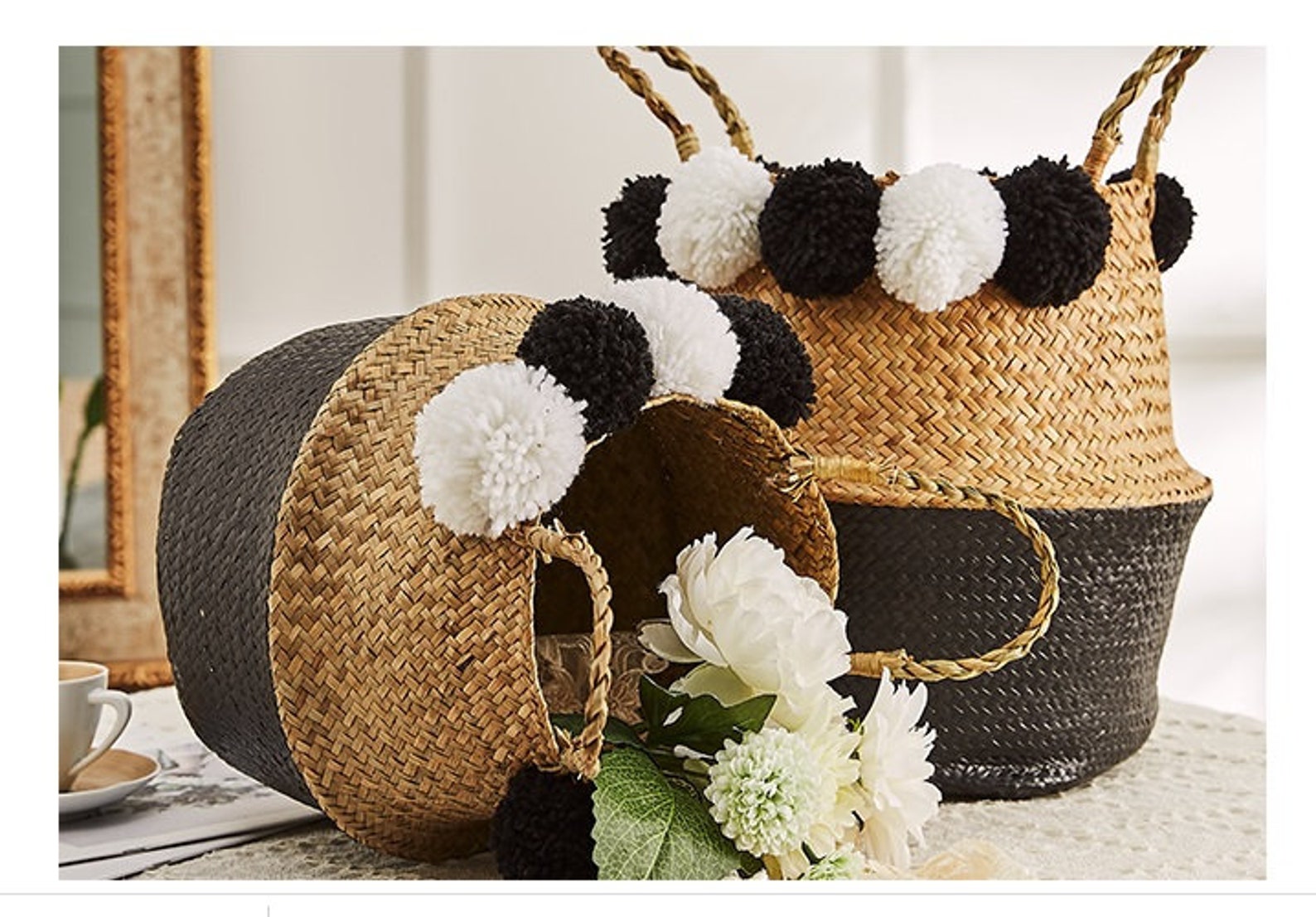 Seagrass Handmade Woven Basket With Black Paint and Cotton Etsy UK