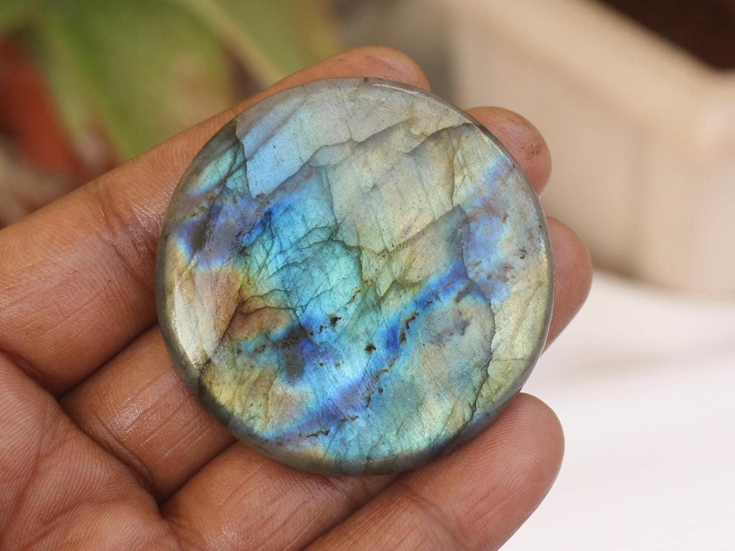 Rare Round Labradorite Cabochon: Handmade Gemstone (51.5X7.5 MM Rare Round Labradorite Cabochon: Handmade Gemstone (51.5X7.5 MM