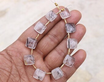 12X12X6 MM Black Rutile Beads, 10 Pcs Strand, Smooth Polish Briolette Cushion Beads