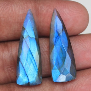 10x30x6mm Blue Fire Labradorite Briolette Pair: Faceted Fancy Cabochons,