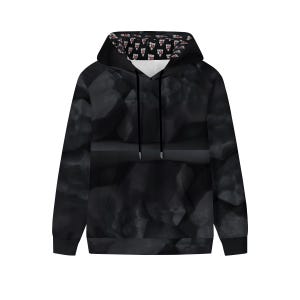 May include: Black hoodie with an abstract design. The all-over print features a dark, textured pattern, with a contrasting pattern inside the hood. The hoodie has a drawstring and a kangaroo pocket.
