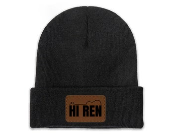 Hi Ren Knit Hat Beanie, Engraved Leather Patch, Singer Songwriter Brighton, Uk Wales, Streetwear, Sick Boi Renegade Gift Ren Fans