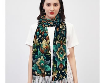 Kazakh Floral Scarf Shawl for Dears | Soft Imitation Cashmere Wrap with Fringe | Elegant Lightweight Versatile Gift for Music Fans