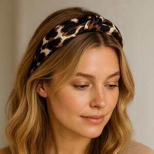 Puede incluir: Una diadema anudada con un fondo negro y un estampado de animales marrón y beige. La diadema la lleva una persona con cabello rubio y un suéter de color neutro.