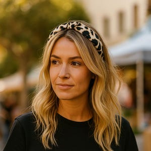 Op de afbeelding: Een vrouw draagt een zwart t-shirt en een hoofdband met luipaardprint. De hoofdband heeft een crèmekleurige achtergrond met donkerbruine vlekken. De vrouw heeft blond haar en kijkt opzij.