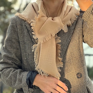 Cream Color Cotton Wool Blend Square Scarf-Perfect Beige Color All-Season Gift for Her