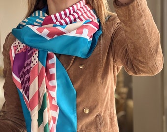 Geometric Pattern Silk & Satin Blend Scarf for Women - Blue, Red, Orange, White - Perfect Gift for All Seasons